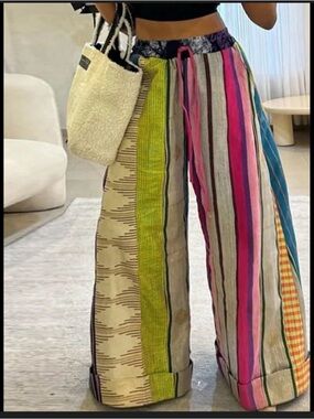 Uoozee Trousers Woman Medium Wide Leg Stripes Colorful Fun